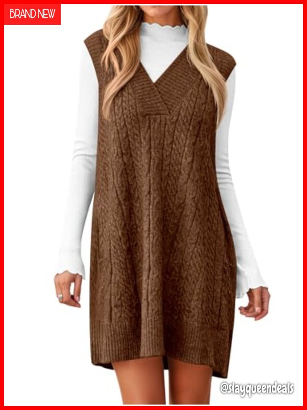 Cable Knit Sweater Dress Sleeveless Oversized V-Neck Vest with Pockets
